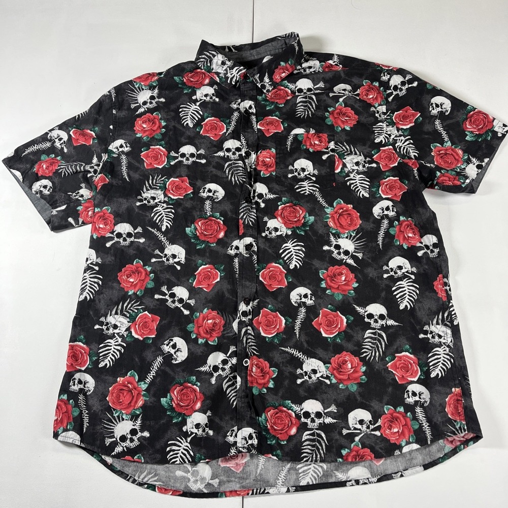 W.E.I. Rose N Bones Mens XXL Black Skeleton Skull Floral Button Up Gothic Shirt